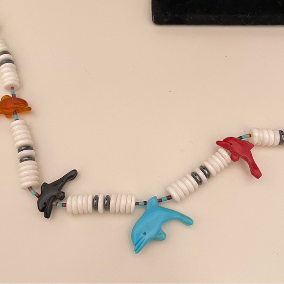 Vintage Heavy Real Stone Rainbow Summer Beach Surfer Vacation Dolphin Necklace - Picture 3 of 10